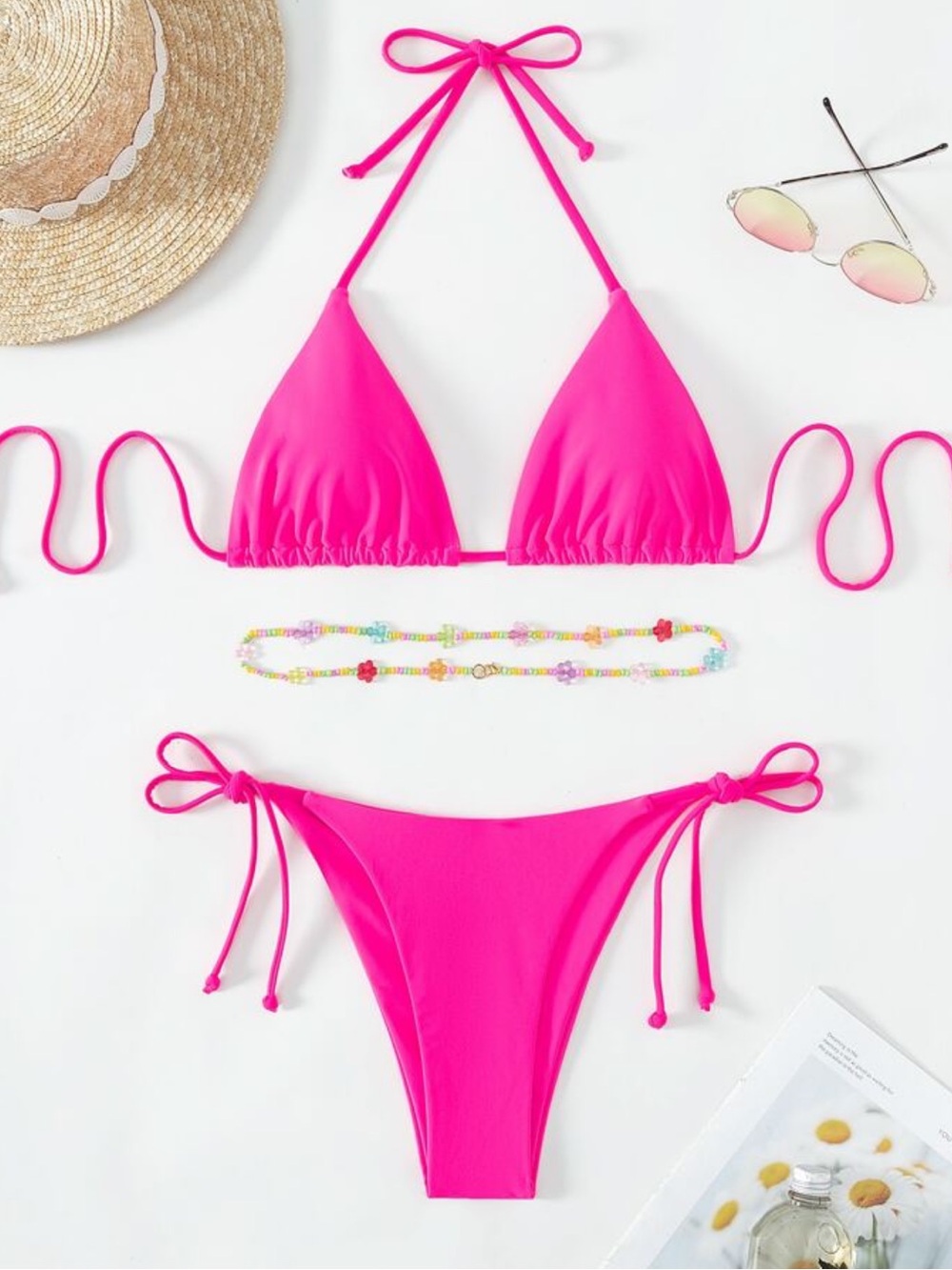 SHEIN• Women Hot Pink Tie-Side Triangle Bikini Floral Beaded Hip Chain Set NWOT
